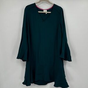 HD In‎ Paris Teal Bell Sleeve Ruffle Hem V Neck Dress Flowy Trapeze Size US 10